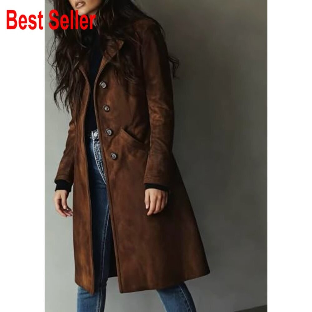 Faux Suede Trench Coat Classic Slim Fit Elegant Long Overcoat with Pockets - Picture 3 of 7